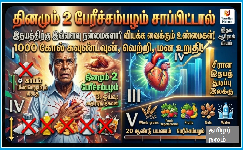 தினமும் 2 பேரீச்சம்பழம் சாப்பிட்டால் இதயத்திற்கு இவ்வளவு நன்மைகளா? வியக்க வைக்கும் உண்மைகள்! | ​Miraculous Benefits of Eating 2 Dates Daily for Heart Health: Surprising Facts Revealed!